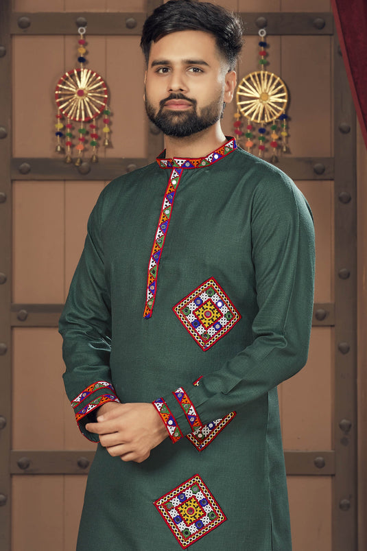 Beautiful Dark Green Color Navratri Special Readymade Kurta Pyjama For Men In Cotton Fabric