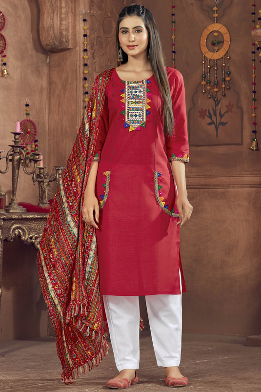 Navratri Special Red Color Cotton Fabric Fancy Embroidered Readymade Designer Salwar Suit