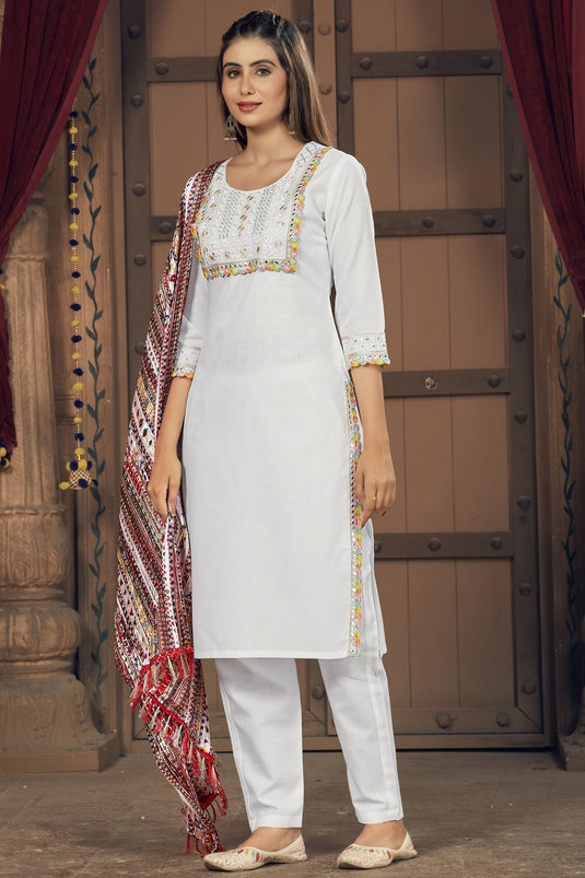Navratri Special Embroidered Readymade Designer Salwar Kameez In Cotton Fabric White Color