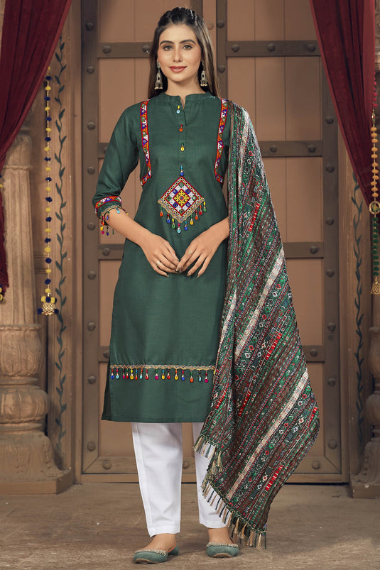 Navratri Special Embroidered Dark Green Color Readymade Designer Salwar Suit In Cotton Fabric