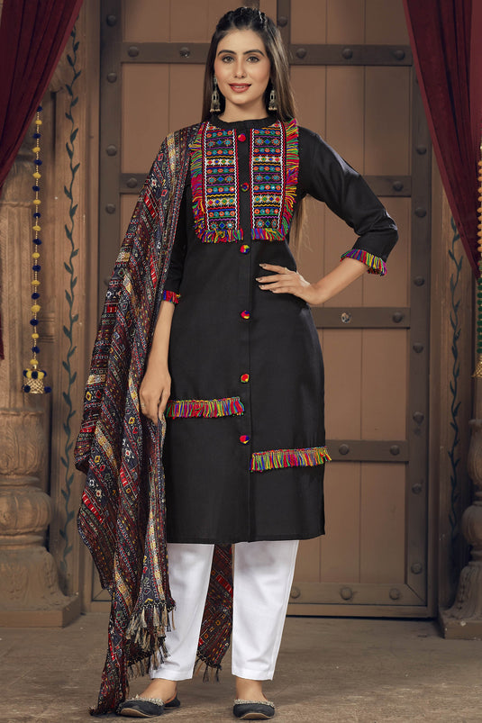 Navratri Special Cotton Fabric Embroidered Readymade Designer Salwar Kameez In Black Color