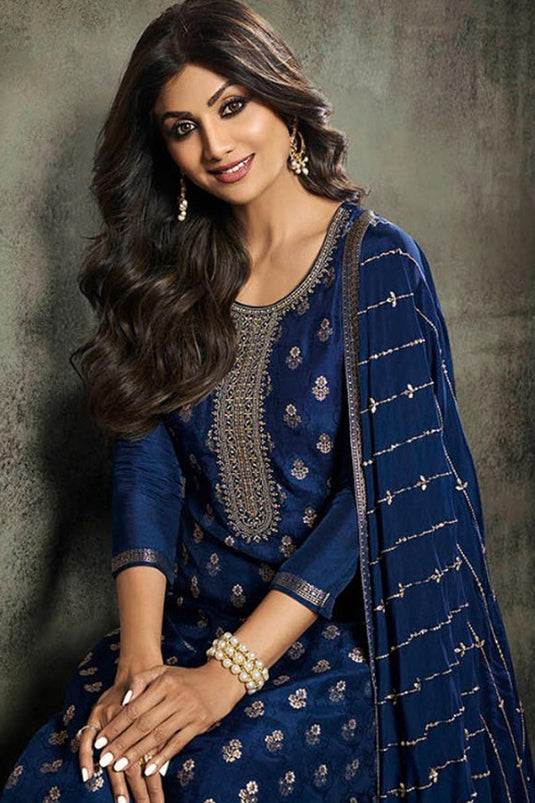 Shilpa Shetty Navy Blue Color Embroidered Designer Straight Cut Long Salwar Kameez