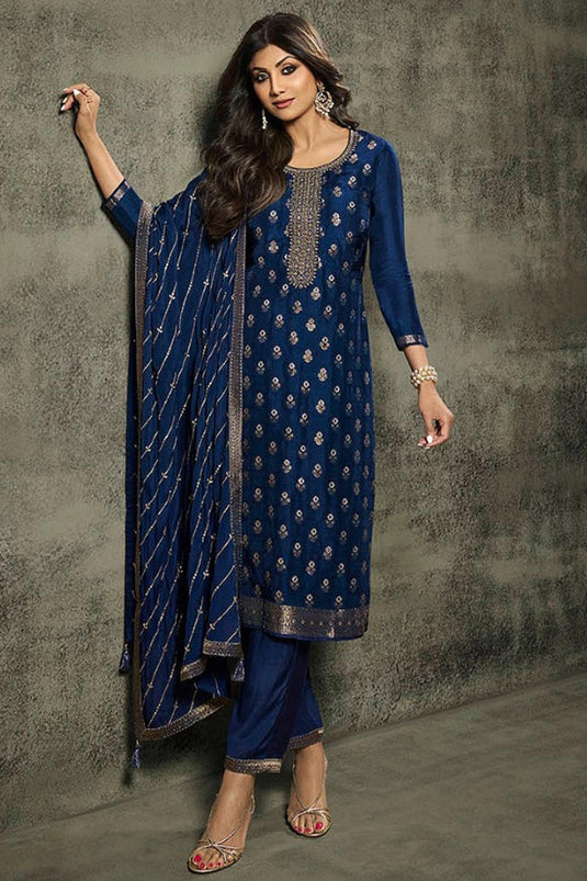 Shilpa Shetty Navy Blue Color Embroidered Designer Straight Cut Long Salwar Kameez