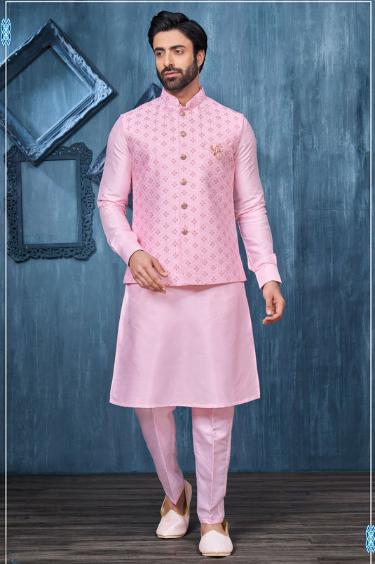 Pink Embroidery Work Gorgeous Banarasi Silk Fabric Reception Wear Readymade Kurta Pyjama For Men With Jacket