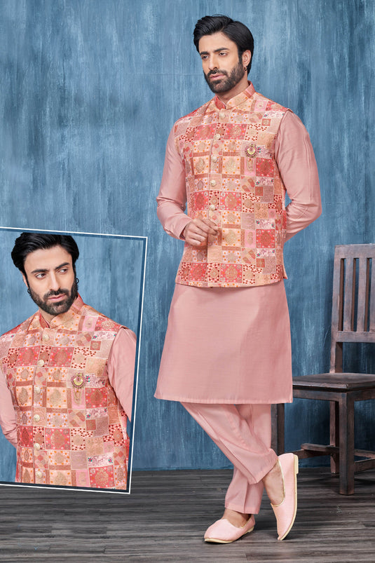 Jacquard Peach Function Wear Readymade Glamorous Printed Kurta Pyjama For Men With Jacket