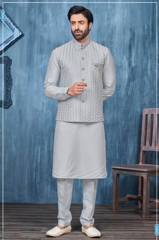Banarasi Silk Embroidery Work Grey Magnificent Readymade Men Kurta Pyjama With Jacket