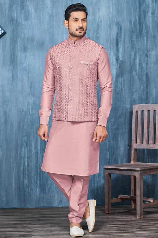 Pink Color Banarasi Silk Fabric Readymade Embroidery Work Men Kurta Pyjama With Jacket