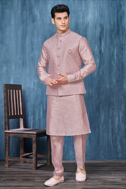 Embroidery Work Pink Color Reception Wear Readymade Banarasi Silk Fabric Kurta Pyjama For Men With Jacket