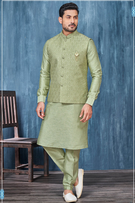 Banarasi Silk Fabric Embroidery Work Function Wear Readymade Sea Green Color Kurta Pyjama For Men With Jacket