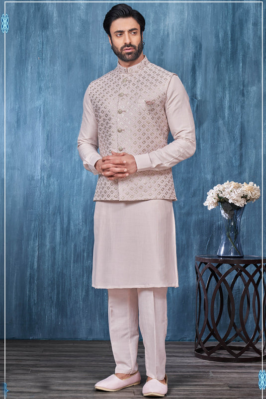 Pink Banarasi Silk Fabric Festive Wear Embroidery Work Readymade Kurta Pyjama For Men With Jacket