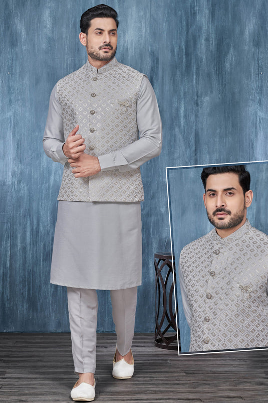Embroidery Work Banarasi Silk Grey Color Sangeet Wear Readymade Kurta Pyjama For Men With Jacket