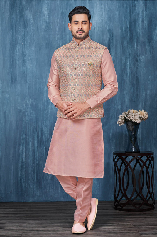 Pink Color Embroidery Work Banarasi Silk Fabric Function Wear Readymade Kurta Pyjama For Men With Jacket