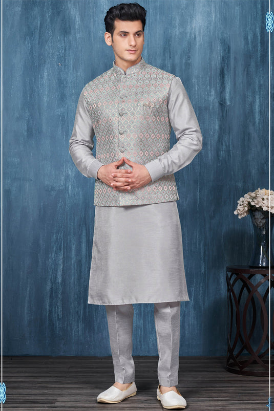 Banarasi Silk Fabric Grey Color Embroidery Work Festive Wear Trendy Readymade Men Kurta Pyjama With Jacket