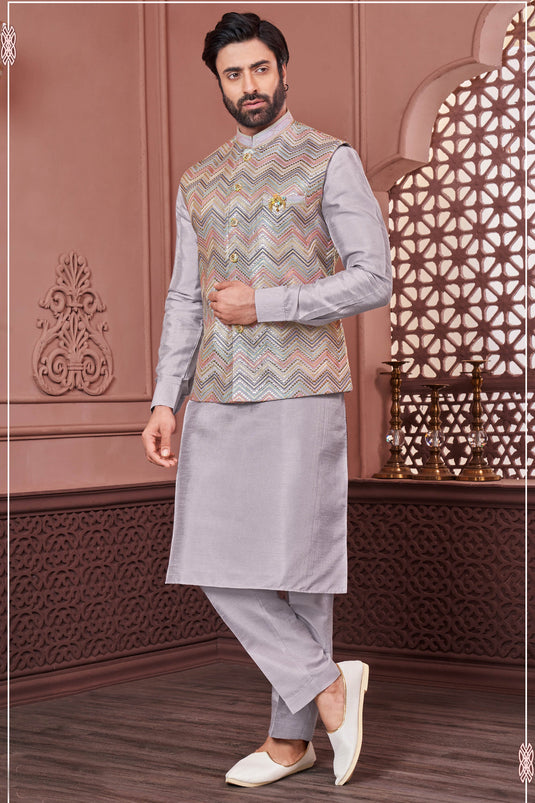 Grey Color Sangeet Wear Banarasi Silk Fabric Embroidery Work Designer Readymade Kurta Pyjama For Men With Jacket