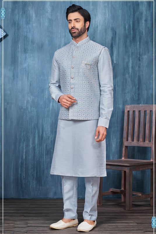 Banarasi Silk Lovely Sky Blue Color Festive Wear Embroidery Work Readymade Kurta Pyjama For Men With Jacket