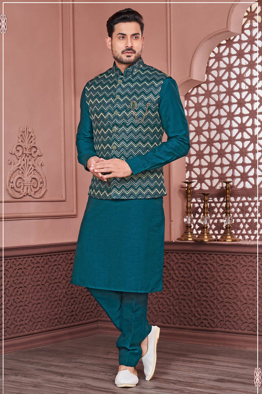 Teal Color Banarasi Silk Fabric Function Wear Readymade Kurta Pyjama For Men With Modi Jacket Set