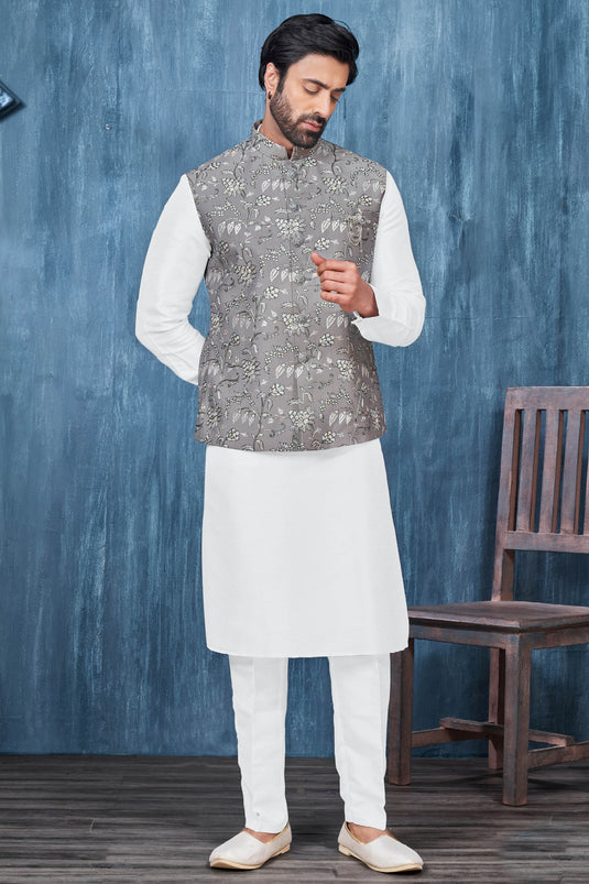Banarasi Silk Fabric White Color Festive Wear Readymade Men Stylish Kurta Pyjama With Nehru Jacket set