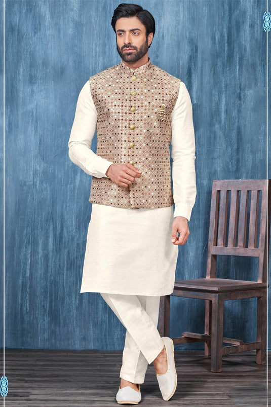 Fancy Fabric Cream Color Wedding Wear Readymade Designer Men Kurta Pyjama With Modi Jacket