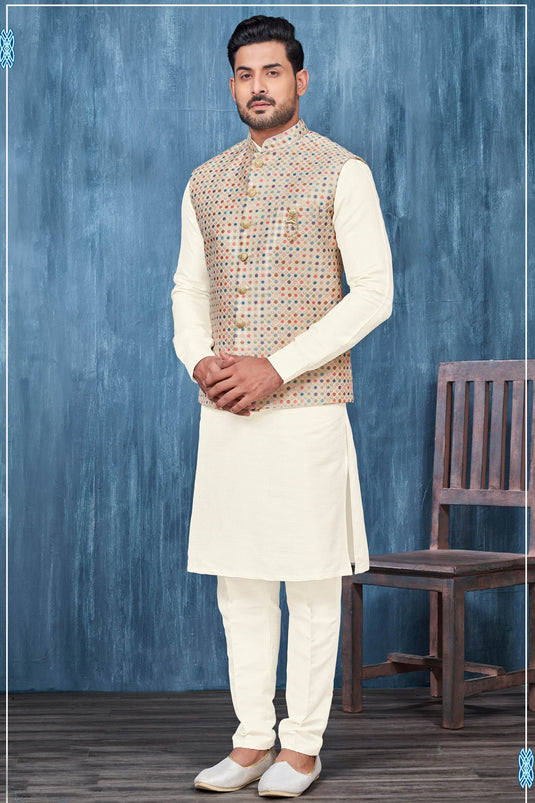 Cream Gorgeous Fancy Fabric Reception Wear Readymade Kurta Pyjama For Men With Nehru Jacket