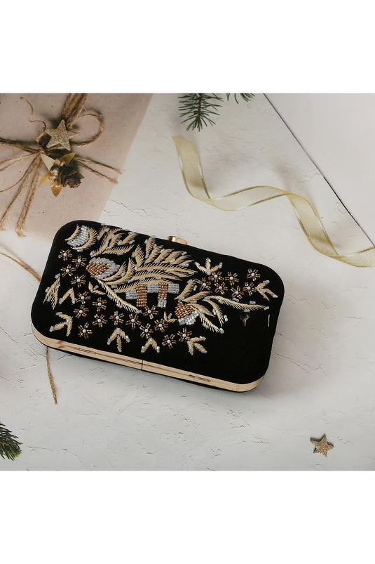 Hand Work Designer Black Clutch Box For Women