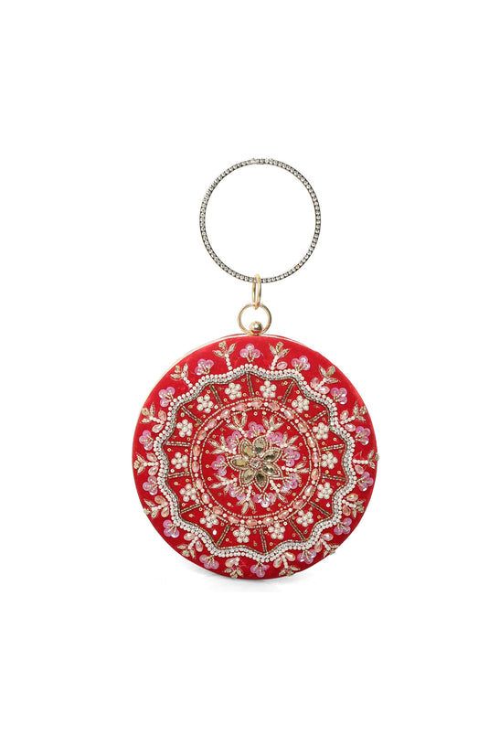 Amber Red Embroidered Round Clutch