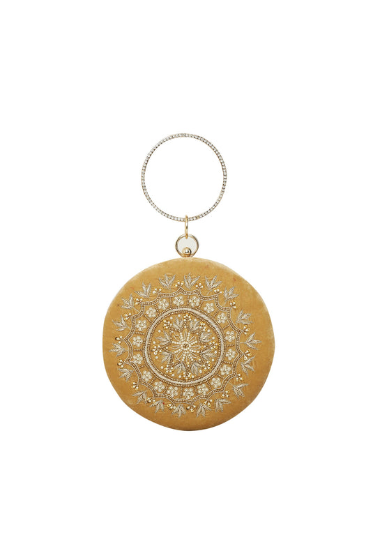 Golden Embroidered Art Silk Round Clutch