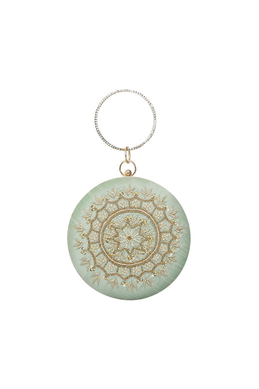 Embroidered Women'S Pretty Round Adorning Sea Green Clutch