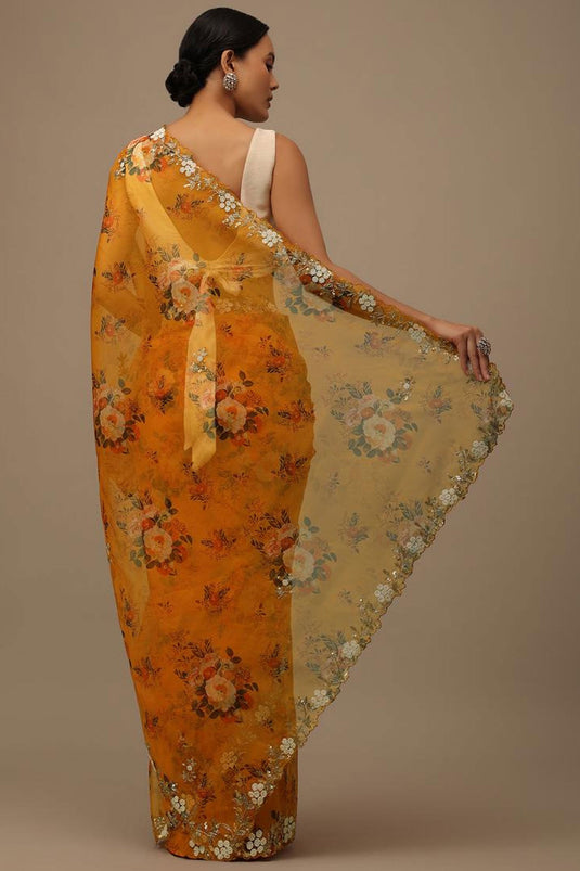 Organza Fabric Mustard Color Floral Printed Saree