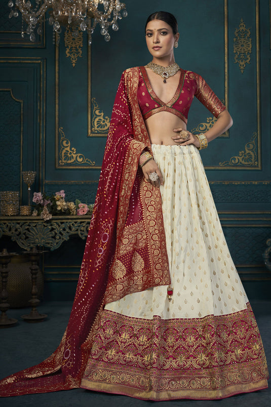 White Color Art Silk Fabric Sangeet Wear Lehenga Choli With Weaving Work