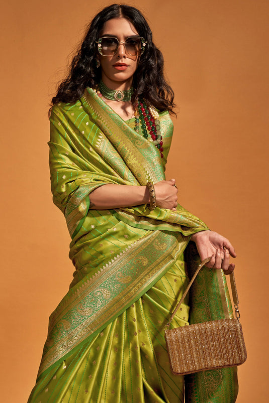 Alluring Green Handloom Weaving Party Wear Satin Silk Saree With Blouse