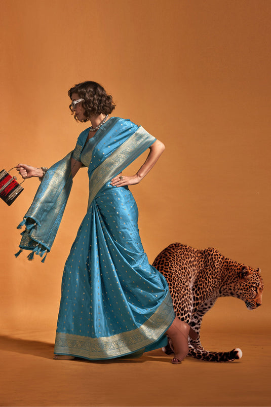 Sky Blue Handloom Weaving Satin Silk Saree
