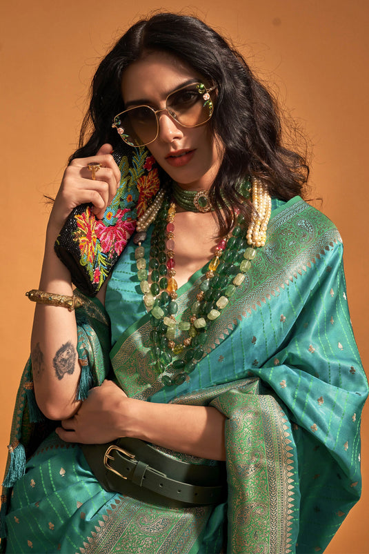 Cyan Color Satin Silk Handloom Weaving Party Wear Beautiful Saree