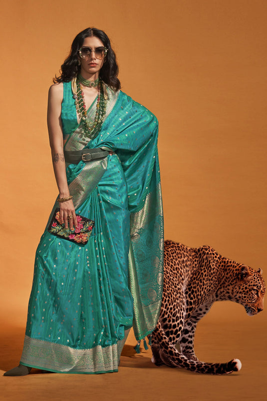 Cyan Color Satin Silk Handloom Weaving Party Wear Beautiful Saree