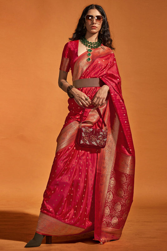 Red Color Satin Silk Fabric Handloom Weaving Work Saree