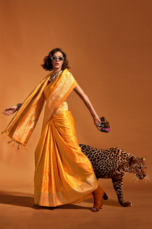 Mustard Satin Silk Party Wear Handloom Weaving Saree