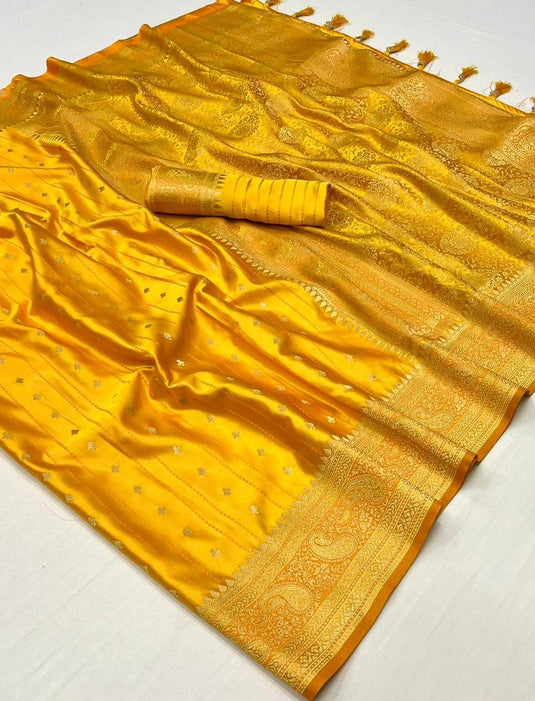 Mustard Satin Silk Party Wear Handloom Weaving Saree