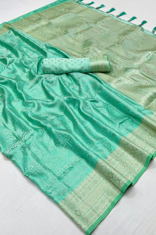 Function Wear Sea Green Satin Silk Handloom Weaving Saree