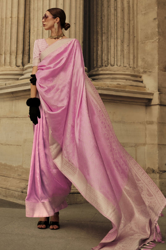 Pink Handloom Weaving Satin Silk Saree