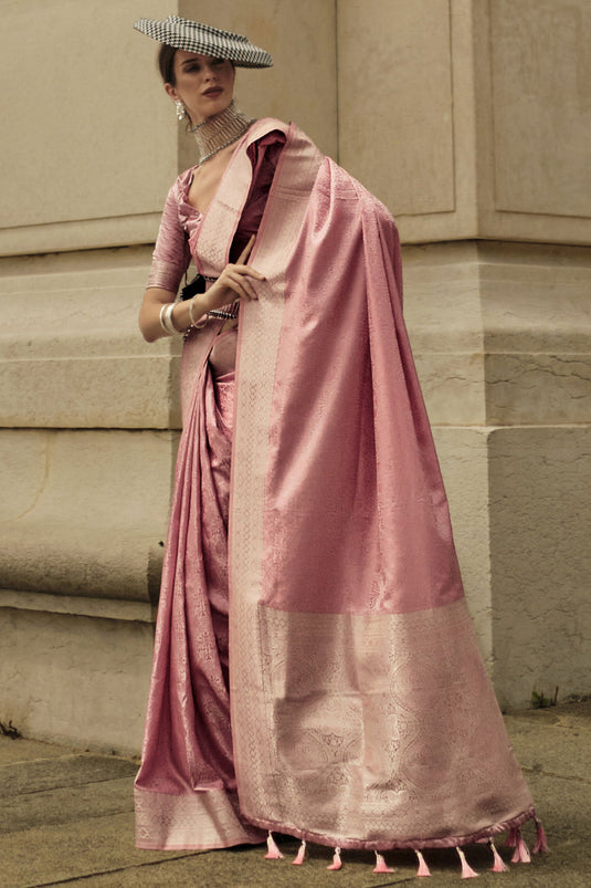 Pink Color Satin Silk Handloom Weaving Function Wear Beautiful Saree