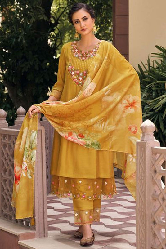 Printed Mustard Color Readymade Salwar Suit In Fancy Fabric