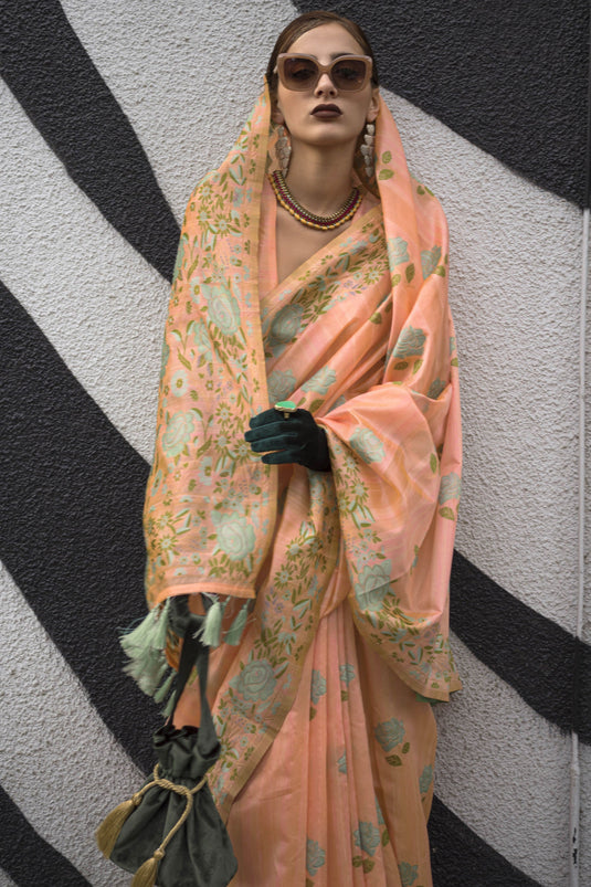 Attractive Peach Color Jacquard Work Art Silk Fabric Saree