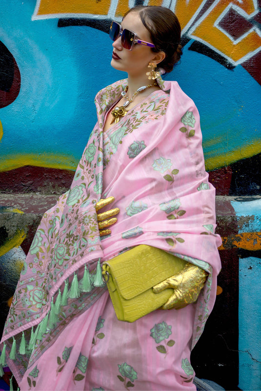 Pink Color Jacquard Work Art Silk Fabric Saree