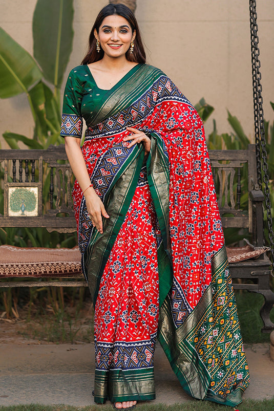 Attractive Red Printed Patola Dola Silk Traditional Saree