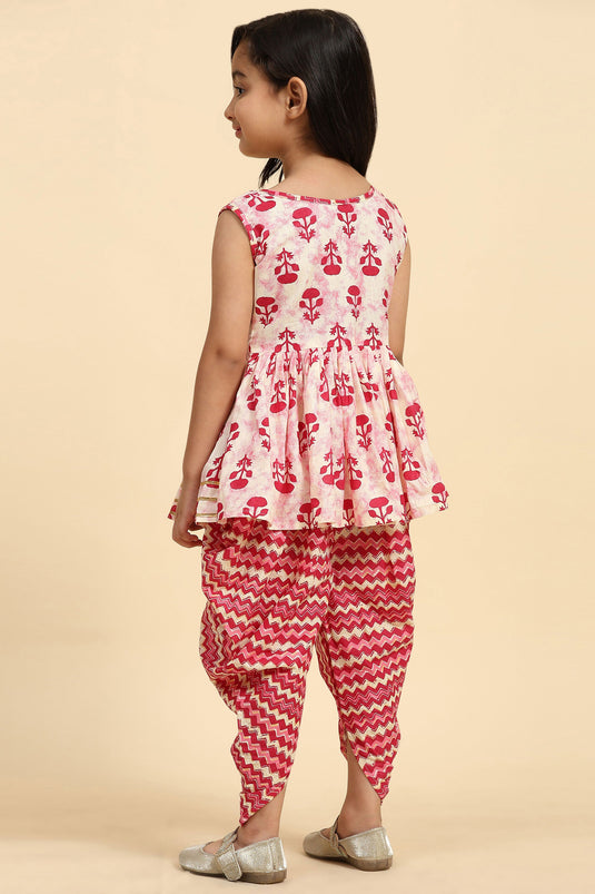 Red Cotton Fabric Fancy Printed Readymade Kids Kurti With Dhoti Style Bottom