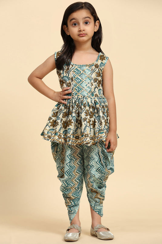 Cotton Printed Teal Color Readymade Stylish Kids Kurti With Dhoti Style Bottom