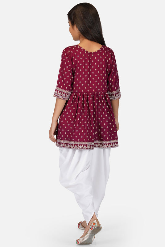 Rayon Fabric Printed Maroon Color Readymade Kids Kurti With Dhoti Style Bottom