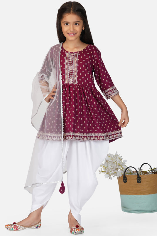 Rayon Fabric Printed Maroon Color Readymade Kids Kurti With Dhoti Style Bottom