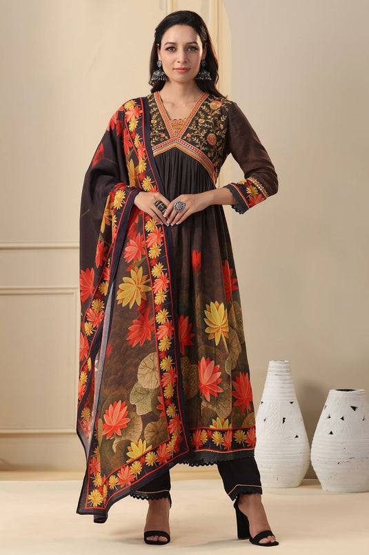 Alluring Muslin Fabric Black Color Readymade Anarkali Suit