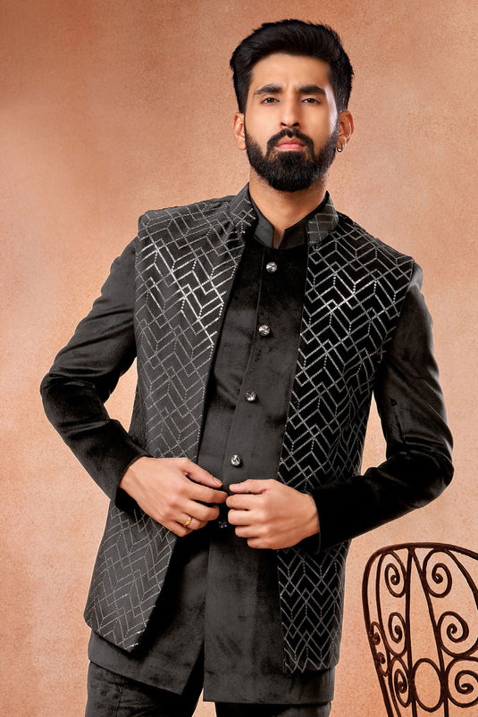 Velvet Black Magnificent Readymade Men Jodhpuri Jacket For Wedding Function