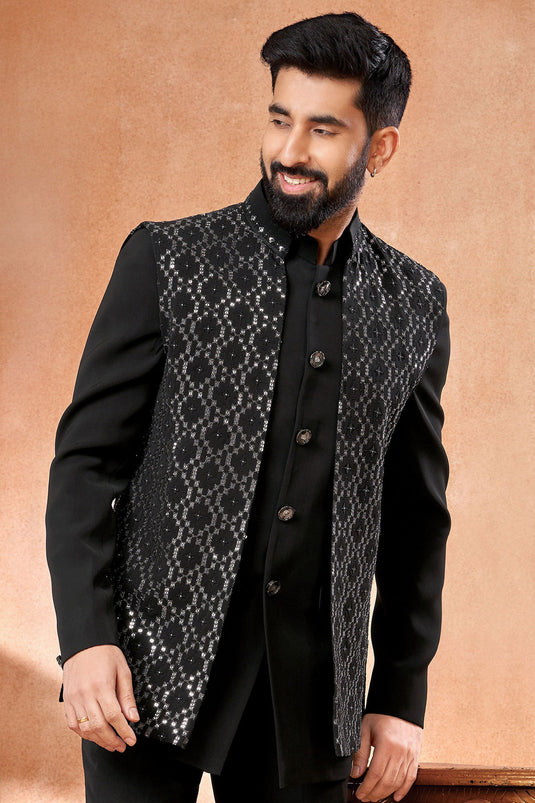 Fancy Fabric Black Color Wedding Wear Designer Readymade Jodhpuri Jacket For Men